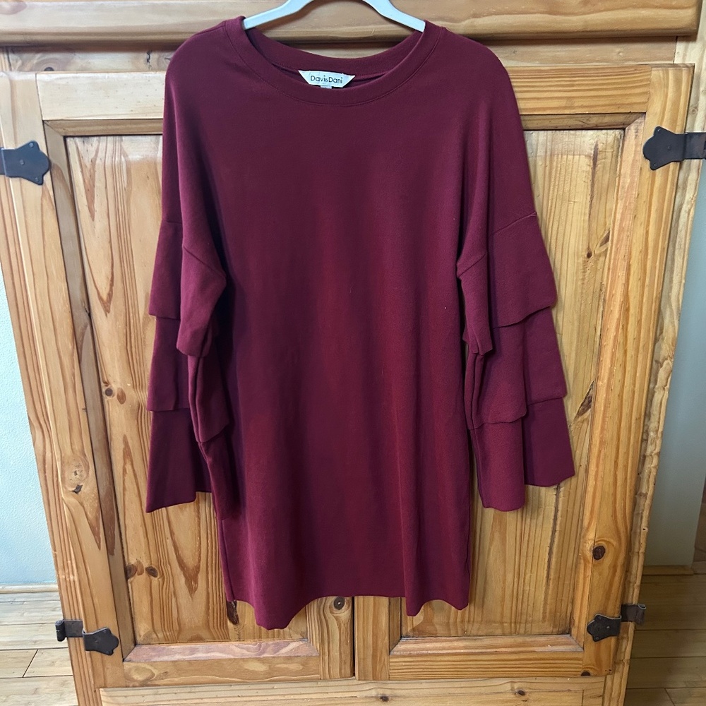 Davi & Dani Dress Burgundy Ruffle Sleeves Cotton Blend Women's Size Large